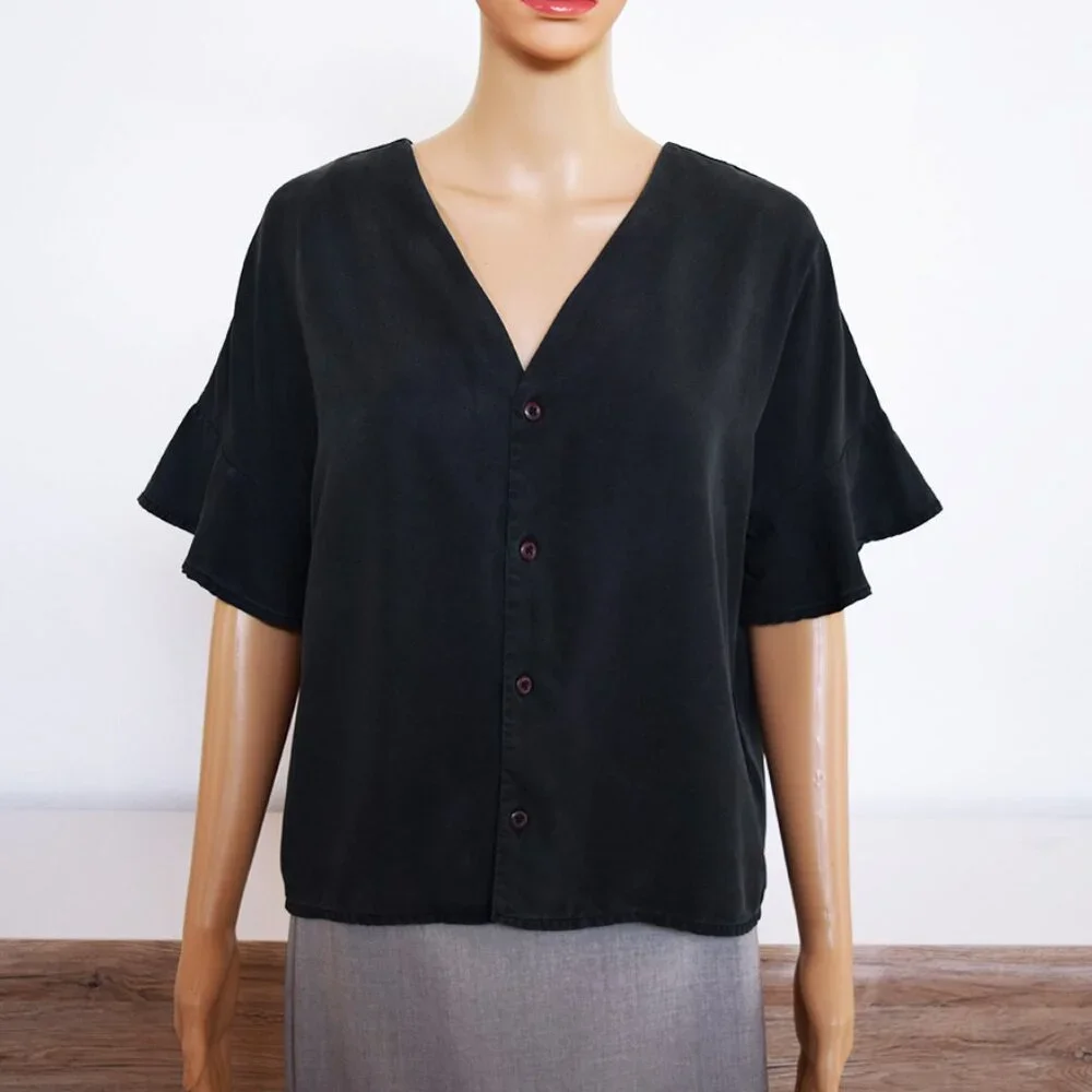 VETTA Romantic Capsule Flounce Sleeve Button-Up 100% Tencel Blouse - Picture 6 of 14